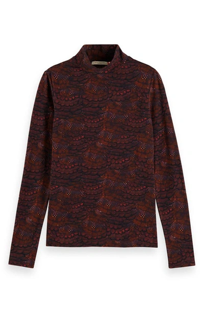 Shop Scotch & Soda Feather Print Long Sleeve Mock Neck Top In Feather Bordeaux