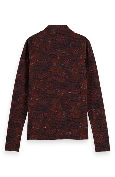 Shop Scotch & Soda Feather Print Long Sleeve Mock Neck Top In Feather Bordeaux