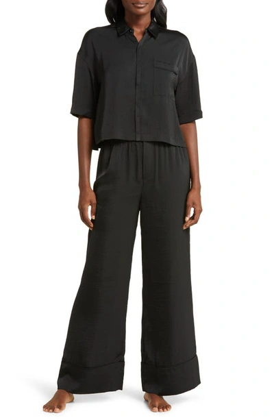 Barefoot Dreams Dream Washed Satin Button-up Pajama Shirt In Black