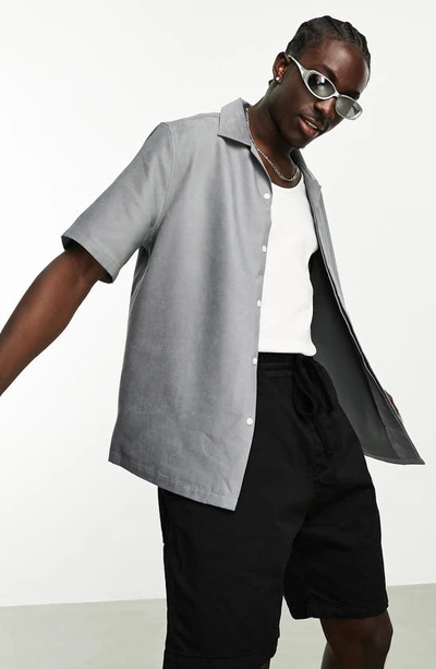 Shop Asos Design Boxy Suedette Camp Shirt In Grey