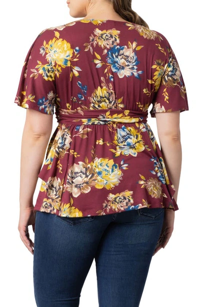 Kiyonna Encore Print Faux Wrap Top In Bordeaux Blooms