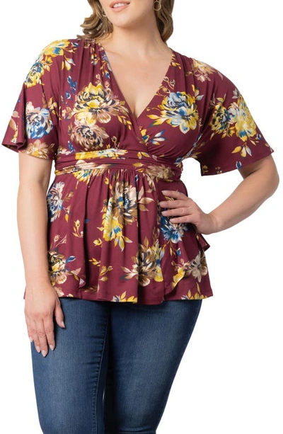 Kiyonna Encore Print Faux Wrap Top In Bordeaux Blooms