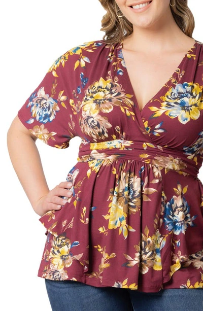 Kiyonna Encore Print Faux Wrap Top In Bordeaux Blooms