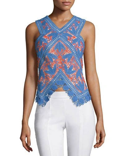 Tory Burch Evie Lace Crochet Top, Hudson Blue/poppy Red In Blue/red