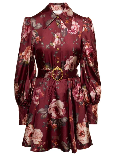 Shop Zimmermann Bourdeaux Luminosity Shirt Dress With All-over Floral Print In Silk Woman In Red