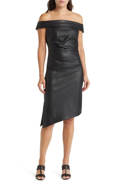 Shop Milly Ally Off The Shoulder Faux Leather Sheath Dress In Black