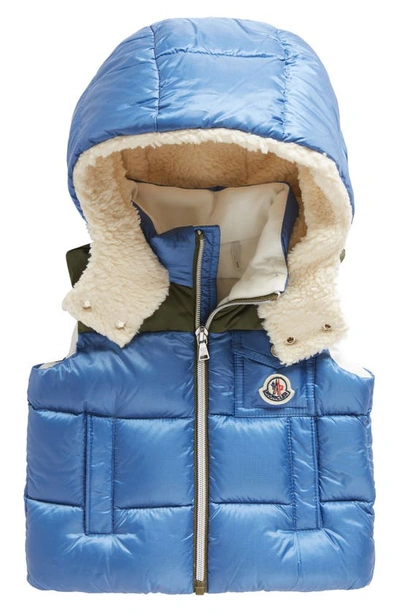 Shop Moncler Kids' Oust Hooded Faux Shearling Down Puffer Vest In Light Blue