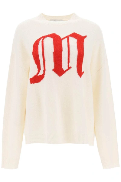Shop Msgm Crew-neck Sweater With Gothic Logo In White