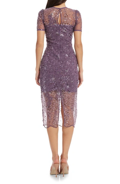 Shop Dress The Population Lia Sequin Illusion Mesh Overlay Midi Cocktail Dress In Dusty Lavender