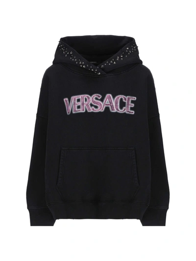 Shop Versace Studded Distressed Logo Hoodie In Black