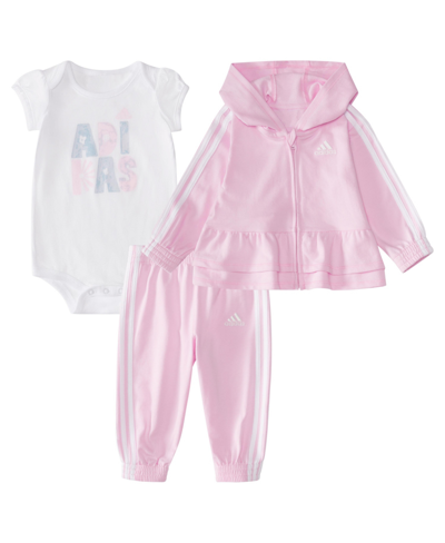 Shop Adidas Originals Baby Girls French Terry Jacket, Bodysuit And Pants, 3 Piece Set In Orchid Fusion