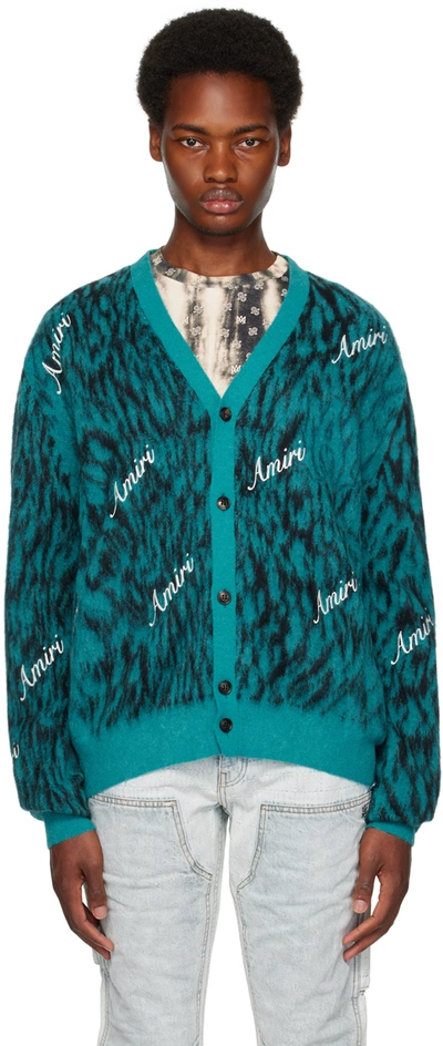 Shop Amiri Blue Cheetah Cardigan In Aqua