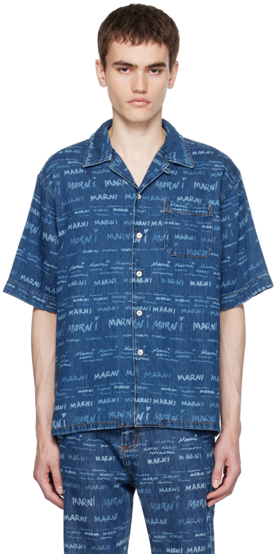 Shop Marni Blue Printed Denim Shirt In Jqb50 Iris Blue