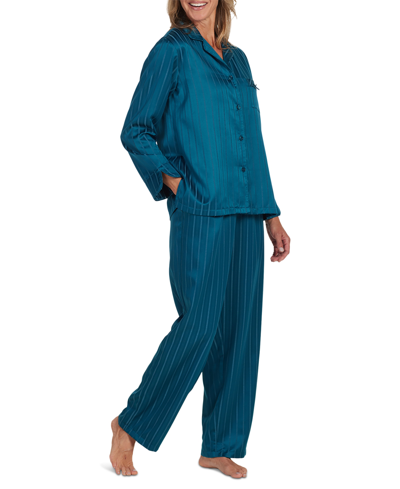 Shop Miss Elaine Women's 2-pc. Striped Notched-collar Pajamas Set In Teal
