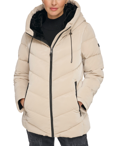 Shop Dkny Women's Hooded Puffer Coat In Pebble
