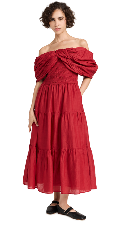 Shop Sea Loren Solid Cambric Off Shoulder Dress Ruby
