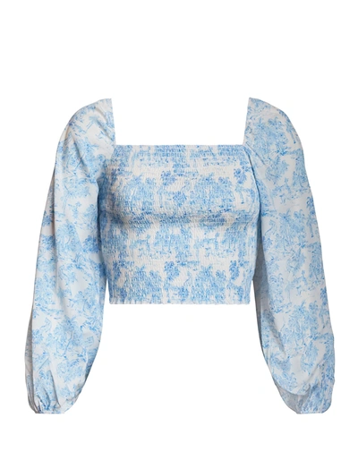 Shop Bcbgeneration Puff Sleeve Smocked Crop Top In Blue Toile