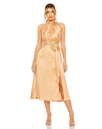 Shop Mac Duggal Polka Dot Halter Neck Satin Faux Wrap A Line Dress | Sample | Sz. Xs In Gold