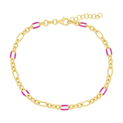 Simona Sterling Silver Linked Rose Violet Enamel Anklet - Gold Plated In Pink