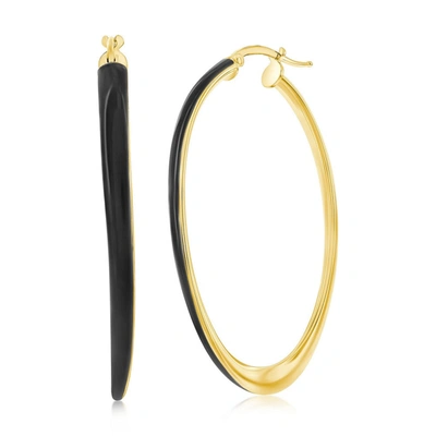 Simona Sterling Siver, Black Enamel Oval Hoop Earrings - Gold Plated In Black