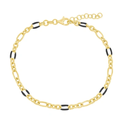 Simona Sterling Silver Linked Black Enamel Anklet - Gold Plated In Black