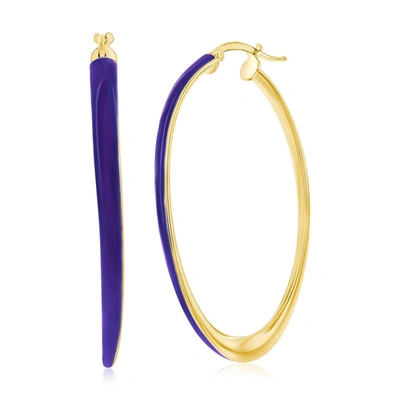 Simona Sterling Siver, Meadow Violet Enamel Oval Hoop Earrings - Gold Plated In Purple