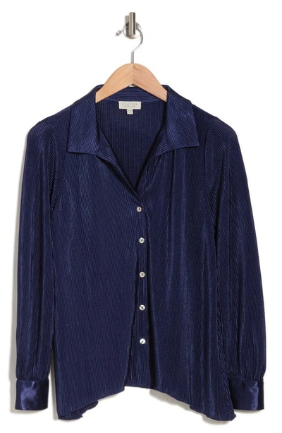 Shop Chenault Satin Rib Knit Button-up Top In Navy
