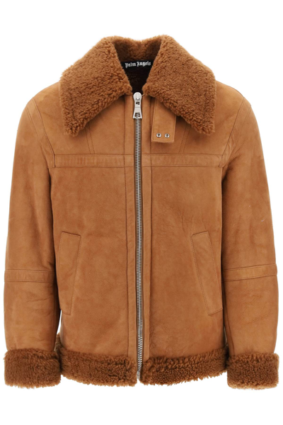 Shop Palm Angels University Shearling Jacket In Brown Beige (brown)