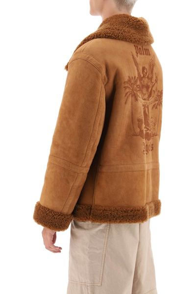 Shop Palm Angels University Shearling Jacket In Brown Beige (brown)