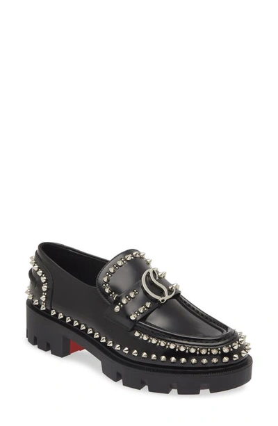 Shop Christian Louboutin Cl Studded Lug Sole Loafer In B439 Black/ Lin Black