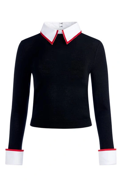 Shop Alice And Olivia Porla Collared Wool Blend Sweater In Black/ Perfect Ruby