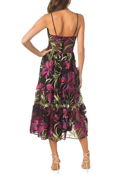 Shop Dress The Population Paulette Floral Embroidered Fit & Flare Midi Dress In Bright Magenta Multi