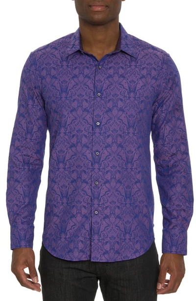 Shop Robert Graham Highland 3 Damask Jacquard Stretch Cotton Button-up Shirt In Purple