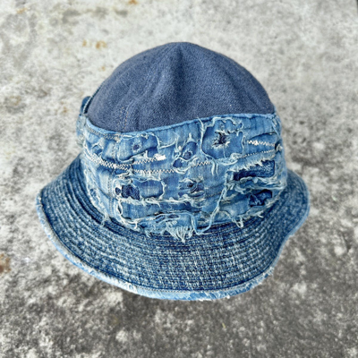 Pre-owned Kapital X Kapital Kountry Old Man And The Sea Boro Crash  Conductor Denim Bucket Hat In Blue | ModeSens