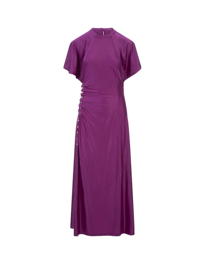 Shop Paco Rabanne Long Dress With Draping And Buttons In Purple