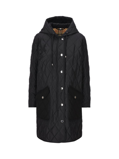 Shop Burberry Quilted Hooded Drawstring Coat In Black