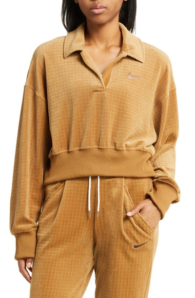 Shop Nike Velour Polo Sweatshirt In Ale Brown/ Light Bone