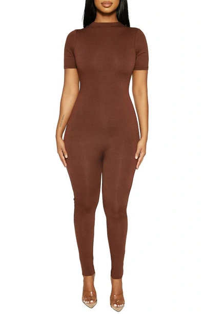 Shop Naked Wardrobe Sweet T Funnel Neck Jumpsuit In Chocolate