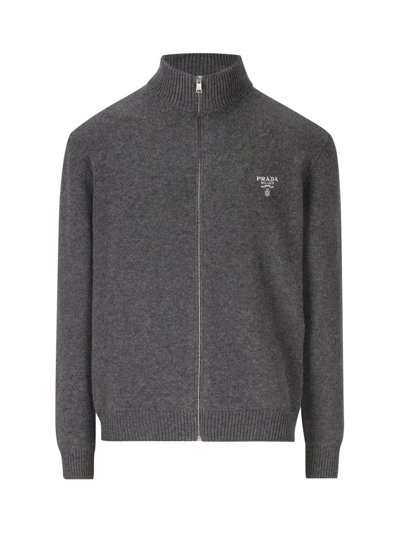 Shop Prada Logo Embroidered Zipped Cardigan In Grey