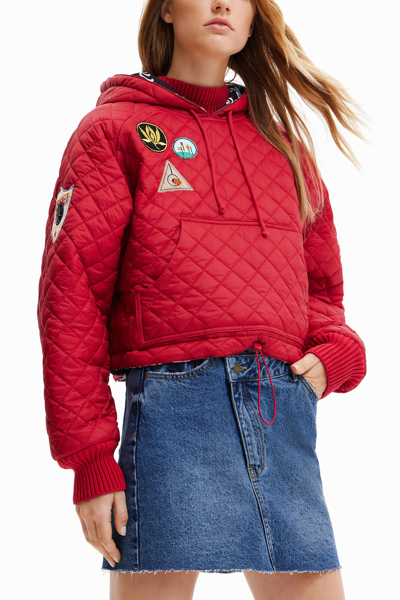 Desigual Padded Hoodie With Patches In Red