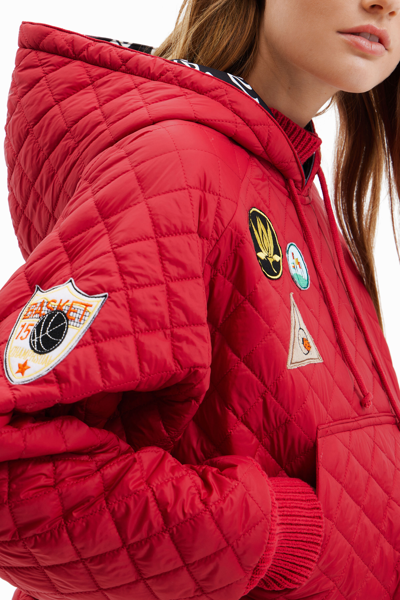 Desigual Padded Hoodie With Patches In Red