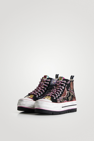 Shop Desigual Asian Patchwork High-top Platform Sneakers In Material Finishes
