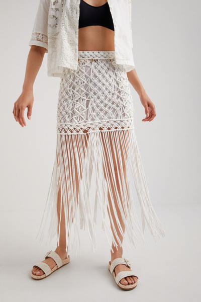 Shop Desigual Fringed Macramé Miniskirt In White