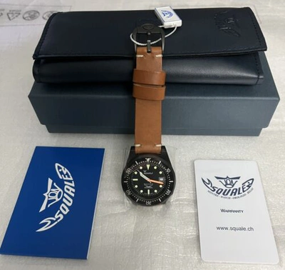 Pre-owned Squale Brand  1521 50 Atmos 1521-026pvd Pvd Black Watch Tan Leather Warranty