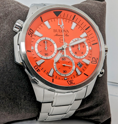 Pre-owned Bulova Orange Dial Marine Star Silver Tone Stainless Steel Men's Watch 96b395