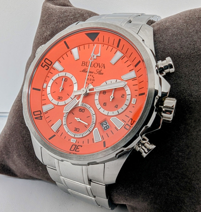 Pre-owned Bulova Orange Dial Marine Star Silver Tone Stainless Steel Men's Watch 96b395