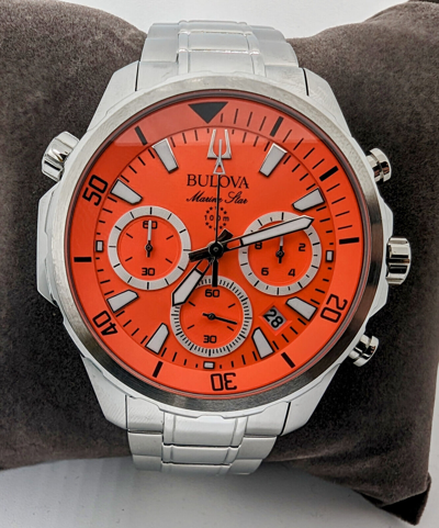Pre-owned Bulova Orange Dial Marine Star Silver Tone Stainless Steel Men's Watch 96b395
