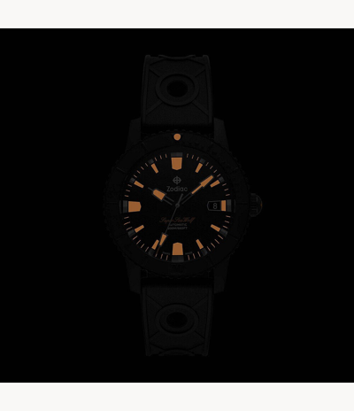 Pre-owned Zodiac Super Sea Wolf 53 Compression Automatic Black Dial Rubber Watch Zo9289