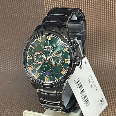 Pre-owned Citizen Eco-drive Ap1055-87x Green Moon Phase Blue Analog Black Band Roman Watch