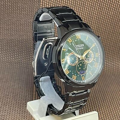 Pre-owned Citizen Eco-drive Ap1055-87x Green Moon Phase Blue Analog Black Band Roman Watch